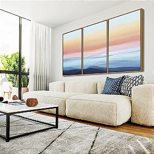 Trio de Quadros Paisagem Abstrata horizonte Sereno Azul e Rosa Canvas Moldura