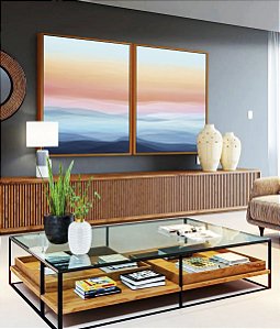 Duo de Quadros Paisagem Abstrata horizonte Sereno Azul e Rosa Canvas Moldura