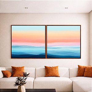Duo de Quadros Quadrados Paisagem Abstrata horizonte Sereno Azul e Rosa Canvas Moldura
