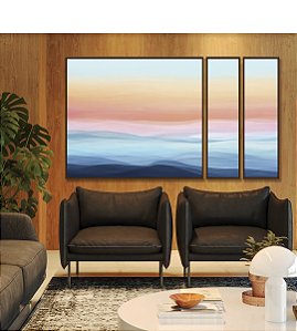 Trio de Quadros Estilizados Paisagem Abstrata horizonte Sereno Azul e Rosa Canvas Moldura