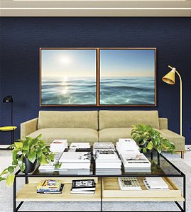 Duo de Quadros Quadrados Mar Cristalino Azul Turquesa Sol Céu Claro Canvas Moldura