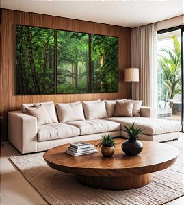 Trio de Quadros Floresta Verde Intenso Serenidade Natureza Paisagem Canvas Moldura