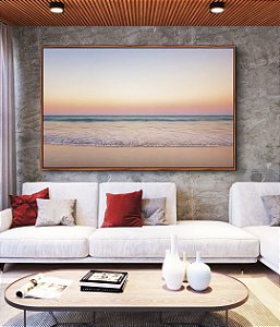 Quadro Horizontal Horizonte Rosé sobre Mar Sereno Praia Areia Clara Canvas Moldura