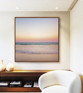 Quadro Quadrado Horizonte Rosé sobre Mar Sereno Praia Areia Clara Canvas Moldura