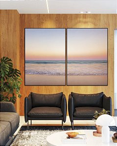 Duo de Quadros Horizonte Rosé sobre Mar Sereno Praia Areia Clara Canvas Moldura