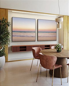 Duo de Quadros Quadrados Horizonte Rosé sobre Mar Sereno Praia Areia Clara Canvas Moldura