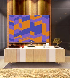 Quadro Horizontal Abstrato Mosaico Geométrico Lilás Roxo Laranja Canvas Moldura