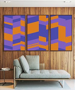 Trio de Quadros Abstrato Mosaico Geométrico Lilás Roxo Laranja Canvas Moldura