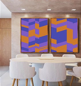 Duo de Quadros Abstrato Mosaico Geométrico Lilás Roxo Laranja Canvas Moldura