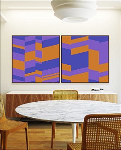 Duo de Quadros Quadrados Abstrato Mosaico Geométrico Lilás Roxo Laranja Canvas Moldura