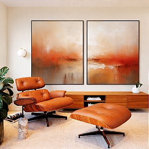Duo de Quadros Abstrato Terracota Cinza Concreto Branco Textura Canvas Moldura