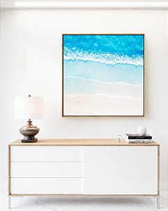 Quadro Quadrado Mar Azul Turquesa Faixas de Espuma Areia Clara Natureza Canvas Moldura
