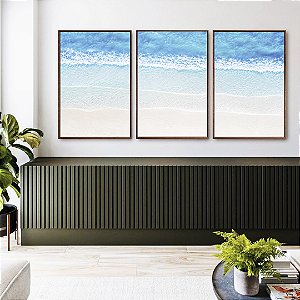 Trio de Quadros Mar Azul Turquesa Faixas de Espuma Areia Clara Natureza Canvas Moldura