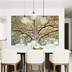 Duo de Quadros Árvore Outono Folhas Douradas Céu Azul Turquesa Paisagem Natureza Canvas Moldura