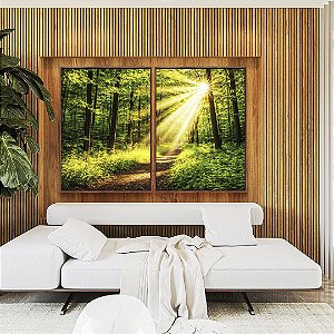 Duo de Quadros Caminho na Floresta Luz Dourada Sol Natureza Canvas Moldura