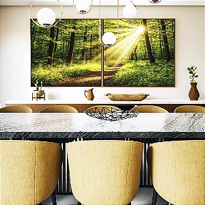 Duo de Quadros Quadrados Caminho na Floresta Luz Dourada Sol Natureza Canvas Moldura