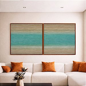 Duo de Quadros Quadrados Abstrato Textura Azul Turquesa Areia Bege Marrom Canvas Moldura