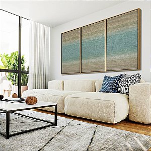 Trio de Quadros Abstrato Textura Azul Turquesa Areia Bege Marrom Canvas Moldura