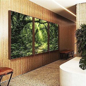 Trio de Quadros Caminho Estrada Floresta Árvore Verde Intenso Canvas Moldura