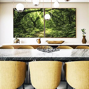 Duo de Quadros Quadrados Caminho Estrada Floresta Árvore Verde Intenso Canvas Moldura