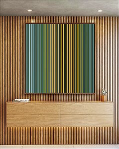 Quadro Quadrado Abstrato Degradê Listras Verde Amarelo Ouro Canvas Moldura