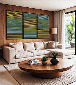 Trio de Quadros Abstrato Degradê Listras Verde Amarelo Ouro Canvas Moldura