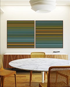 Duo de Quadros Quadrados Abstrato Degradê Listras Verde Amarelo Ouro Canvas Moldura
