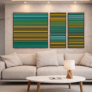 Trio de Quadros Estilizados Abstrato Degradê Listras Verde Amarelo Ouro Canvas Moldura