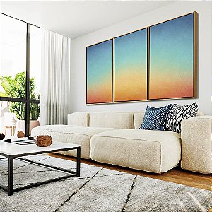 Trio de Quadros Abstrato Degradê Textura Azul Turquesa Coral Canvas Moldura