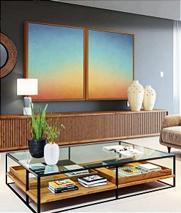 Duo de Quadros Abstrato Degradê Textura Azul Turquesa Coral Canvas Moldura