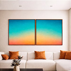 Duo de Quadros Quadrados Abstrato Degradê Textura Azul Turquesa Coral Canvas Moldura