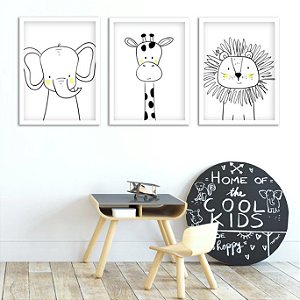kit 3 quadros safari preto e branco