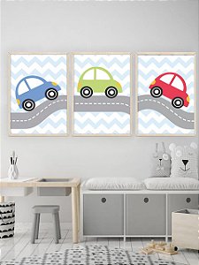 kit 3 quadros carrinhos