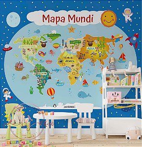 Papel de Parede Infantil Mapa Mundi Colorido | Geografia Divertida no Quarto Menino