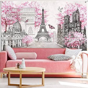 "Papel de Parede Adesivo Torre Eiffel com Árvores Rosas – Estilo Vintage Romântico para Sala ou Quarto Juvenil Menina