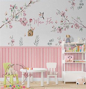 Papel de Parede Jardim Encantado com Ripado Adesivo Rosa – Adesivo Infantil Delicado, Aquarela Floral Com Nome