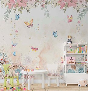 Papel de Parede Infantil Jardim Encantado com Borboletas Decoração Quarto Menina