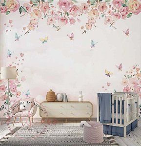 Papel de Parede Infantil Jardim Encantado Rosé – Flores Aquarela e Borboletas Delicadas, Autocolante Decoração Quarto Menina Luxuoso