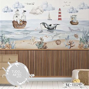 Papel de Parede Infantil  Fundo do Mar com Ripado Adesivo- Decoração Quarto Infantil Auto Colante