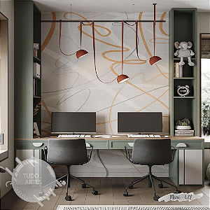 Papel de Parede Adesivo Abstrato Elegante – Linhas Artísticas em Tons Terrosos sobre Fundo Bege para Escritório ou Sala Moderna