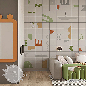 Papel de Parede Adesivo Geométrico Infantil Moderno – Formas Criativas Coloridas sobre Fundo Quadriculado