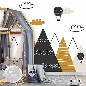 Papel de Parede Infantil Boho Montanhas e Balões – Estilo Escandinavo para Quarto de Bebê ou Criança
