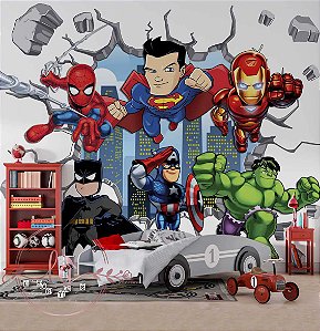 Papel de Parede  3d Infantil Super Heróis Estilo Cartoon – Adesivo Decorativo para Quarto de Menino