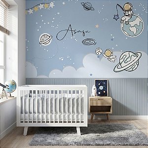 Papel de Parede Infantil Adesivo Astronauta Ripado azul Personalizado com Nome