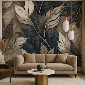 Papel de Parede Adesivo Para Sala Folhagem Elegance cinza branco e preto