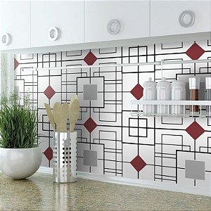 Papel de Parede Adesivo para Cozinha Geometrico 3d branco e vermelho Auto Colante