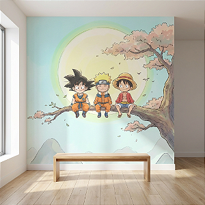 Papel de Parede Infantil Anime Goku Naruto e Luffy Tons Aquarela - Decoração Quarto Infantil Unissex Auto Colante