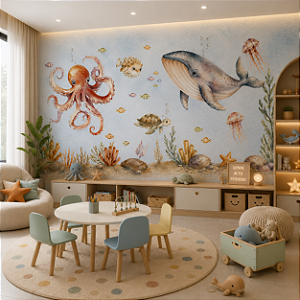 Papel de Parede Infantil Fundo do Mar Aquarela Baleia e Polvo Adesivo Personalizado