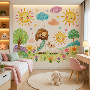 Adesivo de Parede Cristão Infantil Jesus e Ovelhinha Colorido