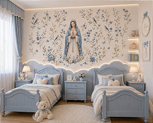 Papel de Parede Nossa Senhora das Graças Floral Azul Quarto Infantil Vinílico